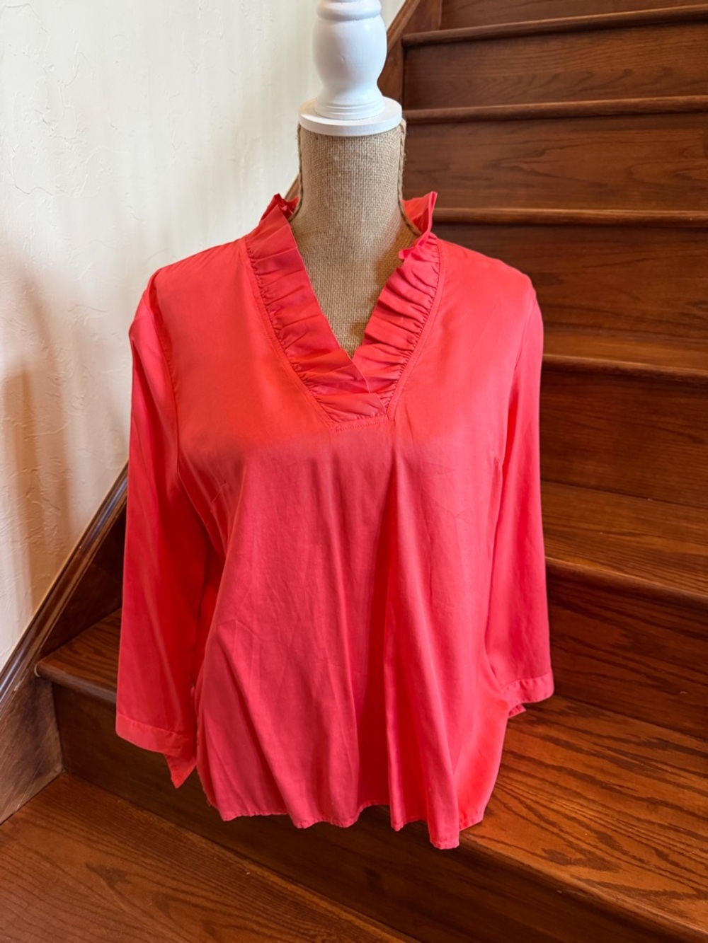 crown & ivy Coral Pink Ruffle V-Neck Blouse